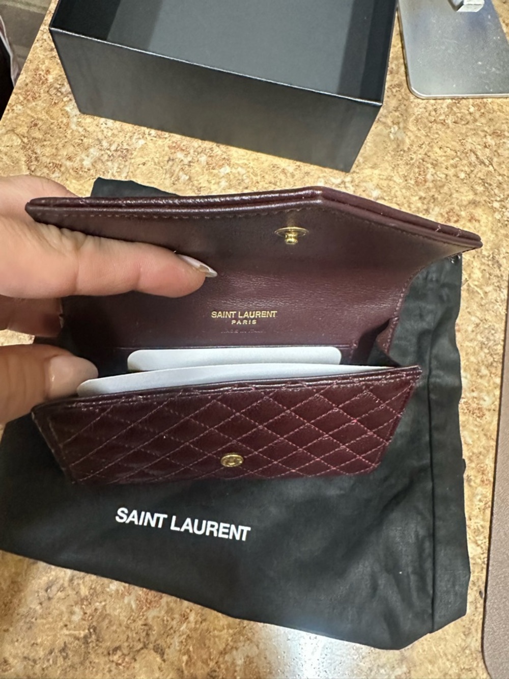 Saint Laurent Quilted Chevron & Diamond Wallet in Burgundy with Gold YSL - Picture 4 of 16